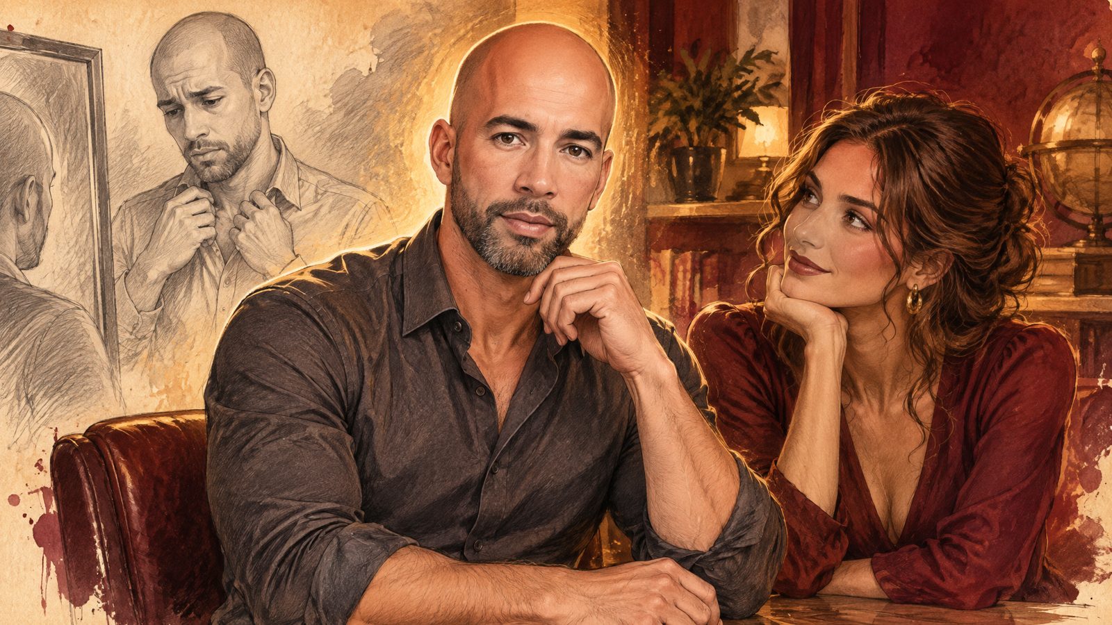 Man en vrouw aan een tafel; de vrouw kijkt de man geïnteresseerd aan, op de achtergrond een potloodschets van een man die in de spiegel kijkt