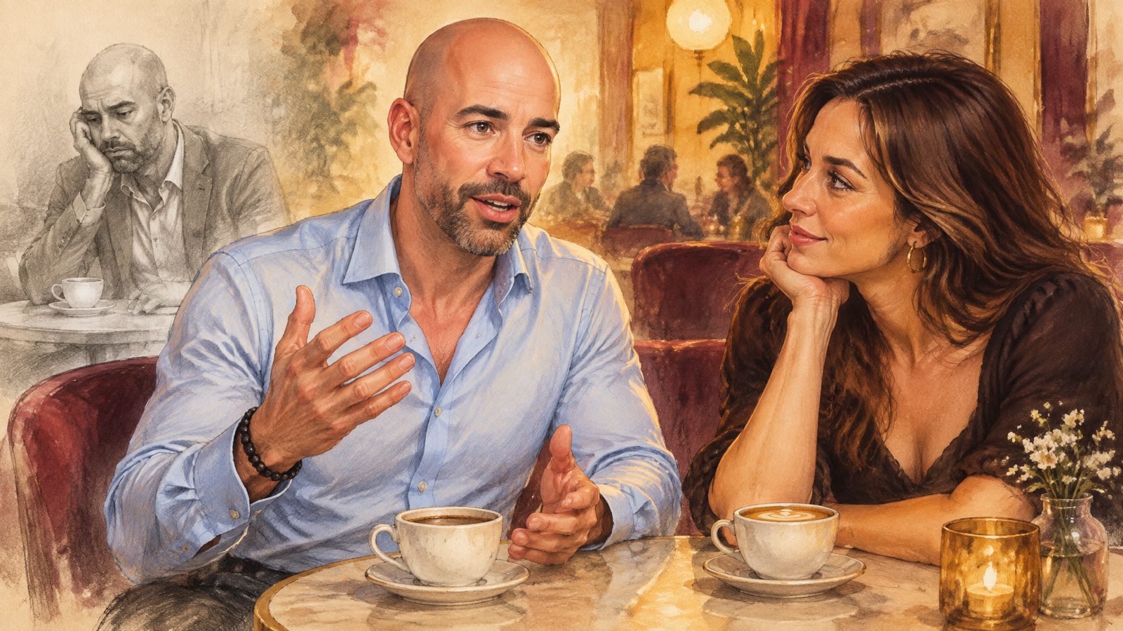 Man en vrouw praten geanimeerd aan een marmeren tafeltje met koffiekopjes; de vrouw leunt geboeid naar hem toe, op de achtergrond een schets van een eenzame man